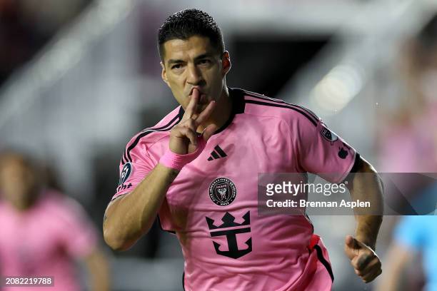 Luis Suarez of Inter Miami CF celebrates after scoring a goal in the 8th minute against the Nashville SC during the first half in the Concacaf...