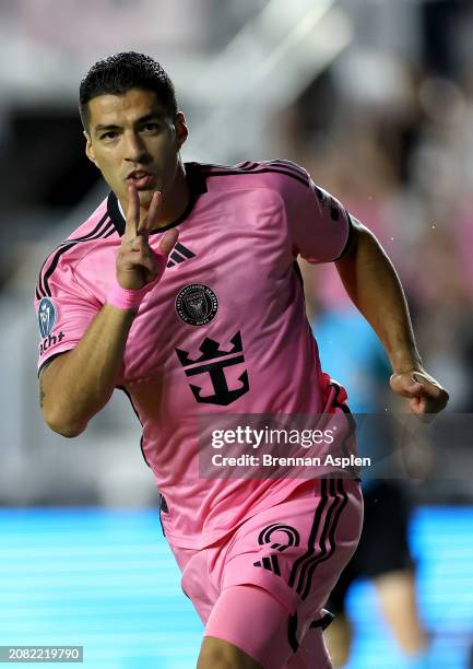 Luis Suarez of Inter Miami CF celebrates after scoring a goal in the 8th minute against the Nashville SC during the first half in the Concacaf...