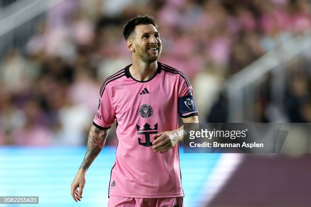 Lionel Messi of Inter Miami CF reacts against the Nashville SC during the first half in the Concacaf Champions Cup Round of 16 match at Chase Stadium...