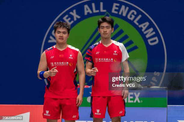 Liang Weikeng and Wang Chang of China pose for a photo after winning the Men's Doubles Round of 32 match against Adam Dong Xingyu and Nyl Yakura of...