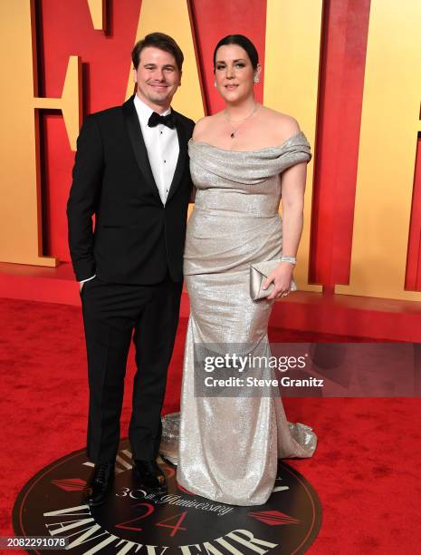 Jason Ritter, Melanie Lynskey arrives at the 2024 Vanity Fair Oscar Party Hosted By Radhika Jones at Wallis Annenberg Center for the Performing Arts...