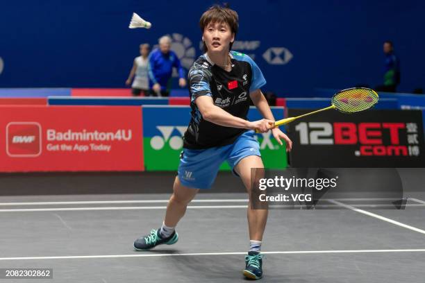 Chen Yufei of China competes in the Women's Singles Round of 32 match against Nguyen Thuy Linh of Vietnam during day two of the Yonex All England...
