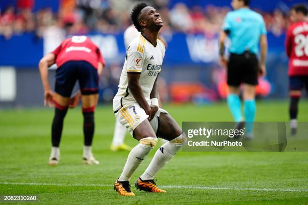 Vinicius Junior left winger of Real Madrid and Brazil lament a failed occasion during the LaLiga EA Sports match between CA Osasuna and Real Madrid...