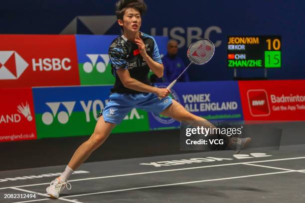 Zhang Shuxian of China competes in the Women's Doubles Round of 32 match against Jeong Na Eun and Kim Hye Jeong of South Korea during day two of the...