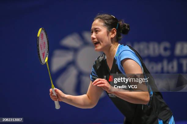 Zheng Yu of China competes in the Women's Doubles Round of 32 match against Jeong Na Eun and Kim Hye Jeong of South Korea during day two of the Yonex...