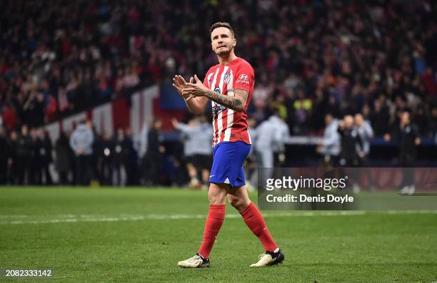 Saul Niguez of Atletico Madrid reacts after missing a penalty in the penalty shoot out during the UEFA Champions League 2023/24 round of 16 second...