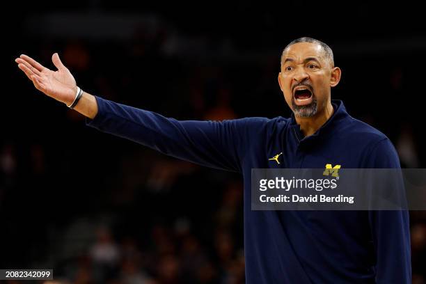 Head coach Juwan Howard of the Michigan Wolverines reacts against the Penn State Nittany Lions in the first half in the First Round of the Big Ten...