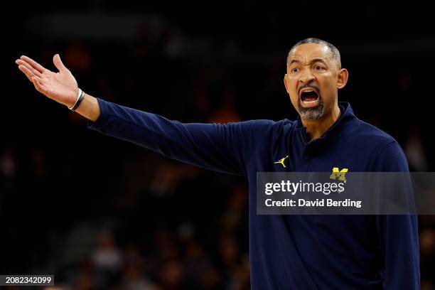 Head coach Juwan Howard of the Michigan Wolverines reacts against the Penn State Nittany Lions in the first half in the First Round of the Big Ten...