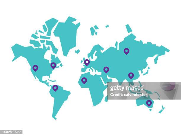 world map with location pins - usa outline map stock illustrations