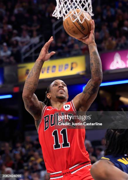 DeMar DeRozan of the Chicago Bulls takes a shot in the game against the Indiana Pacers during the second half at Gainbridge Fieldhouse on March 13,...