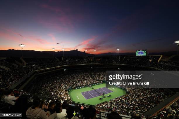General view of Stadium Court One at sunset as Holger Rune of Denmark plays against Taylor Fritz of the United States in their fourth round match...