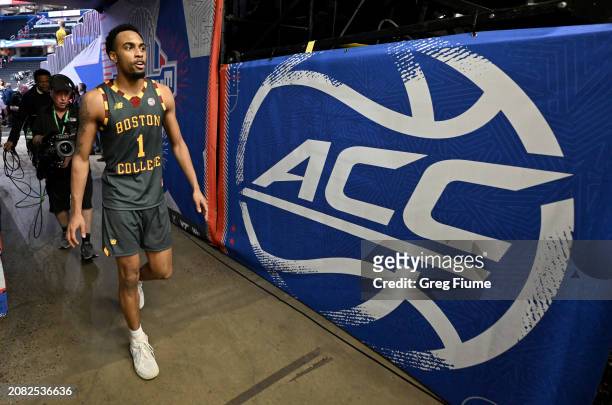 Claudell Harris Jr. #1 of the Boston College Eagles walks off the court after a victory against the Clemson Tigers in the Second Round of the ACC...