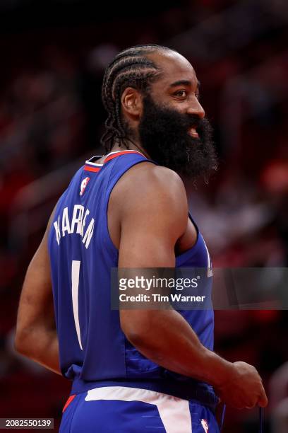James Harden of the Los Angeles Clippers reacts during the game against the Houston Rockets at Toyota Center on March 06, 2024 in Houston, Texas....