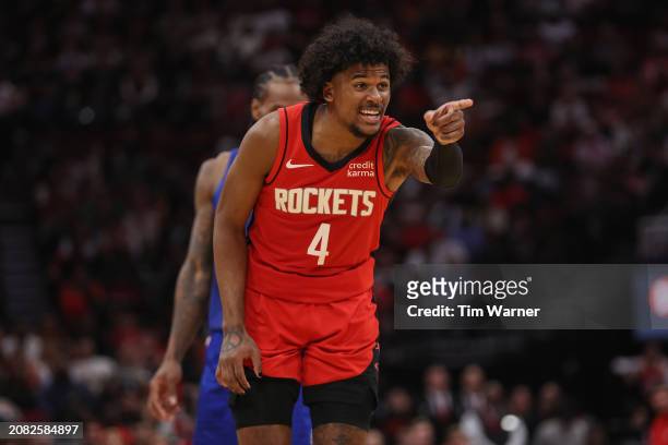 Jalen Green of the Houston Rockets reacts in the second half against the Los Angeles Clippers at Toyota Center on March 06, 2024 in Houston, Texas....
