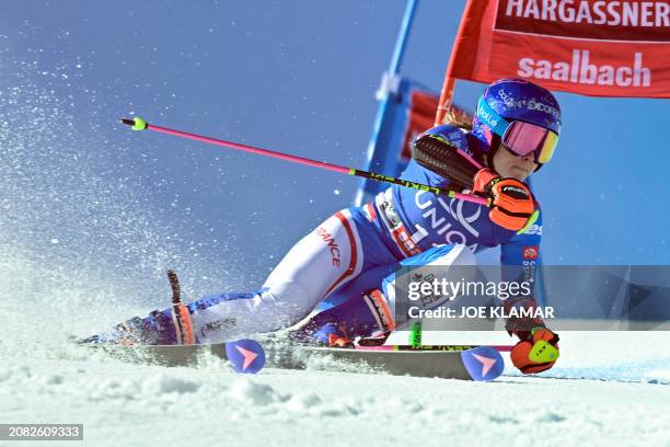 France's Clara Direz competes in the women's Giant Slalom event of FIS Ski Alpine World Cup in Saalbach, Austria on March 17, 2024.