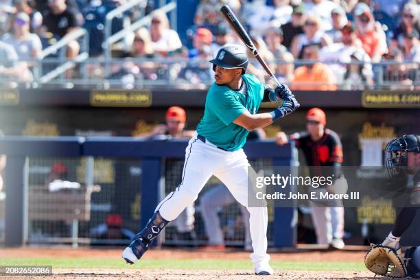 Jorge Polanco of the Seattle Mariners bats during the spring training game against the San Francisco Giants at Peoria Sports Complex on March 10,...