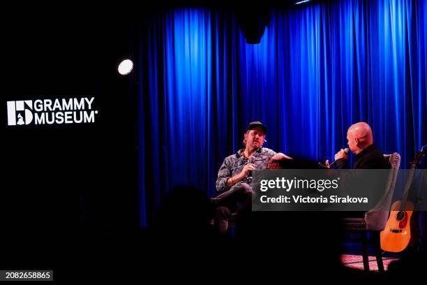 Chris Shiflett and Matt Pinfield speak during The Drop: Chris Shiflett at GRAMMY Museum L.A. Live on March 13, 2024 in Los Angeles, California.