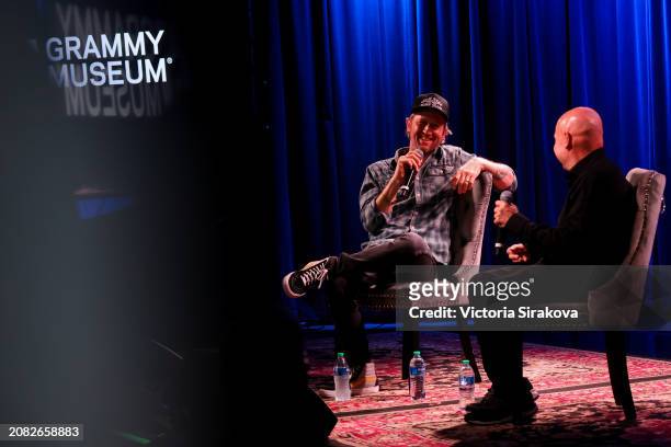 Chris Shiflett and Matt Pinfield speak during The Drop: Chris Shiflett at GRAMMY Museum L.A. Live on March 13, 2024 in Los Angeles, California.