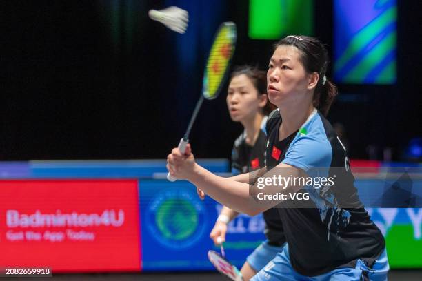 Li Yijing and Luo Xumin of China compete in the Women's Doubles Round of 32 match against KIM Soyeong and Kong Hee Yong of South Korea during day two...