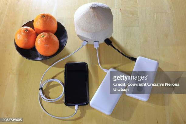 tree oranges smart phone and two power banks charging with lightning to usb cable charger and coconuts - kasukabe stock pictures, royalty-free photos & images