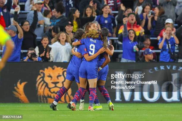 Midge Purce, Lynn Williams, Jaedyn Shaw, and Sophia Smith of the United States celebrate a goal before getting called offside at Snapdragon Stadium...