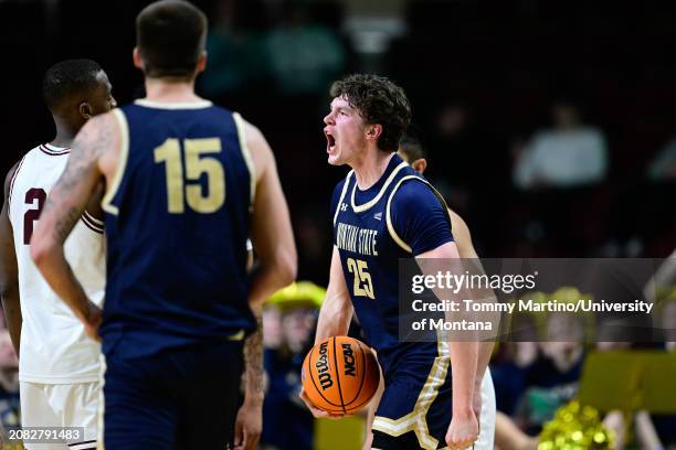 Sam Lecholat of the Montana State Bobcats reacts in the second half against the Montana Grizzlies during the Big Sky Conference championship game at...