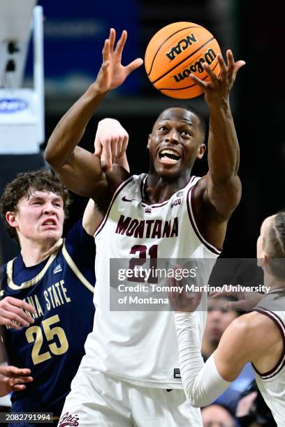 Laolu Oke of the Montana Grizzlies pulls down a rebound in front of Sam Lecholat of the Montana State Bobcats in the second half of the Big Sky...