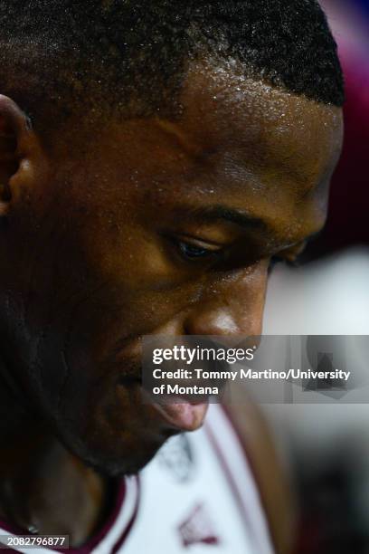 Laolu Oke of the Montana Grizzlies looks on in the second half against the Montana State Bobcats during the Big Sky Conference championship game at...