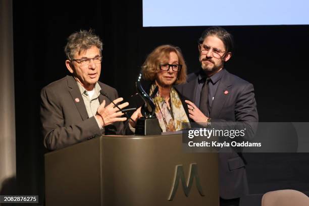 David Michael Latt, Michelle Satter and Franklin Latt speak at the 55th NAACP Image Awards Entertainment Symposium at Museum Of Tolerance on March...