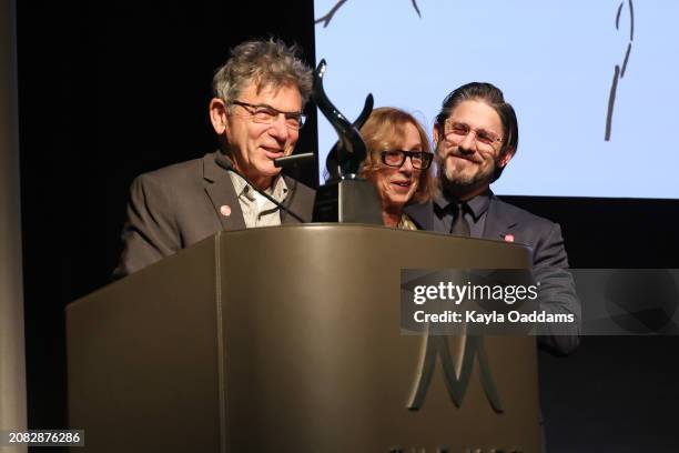 David Michael Latt, Michelle Satter and Franklin Latt speak at the 55th NAACP Image Awards Entertainment Symposium at Museum Of Tolerance on March...