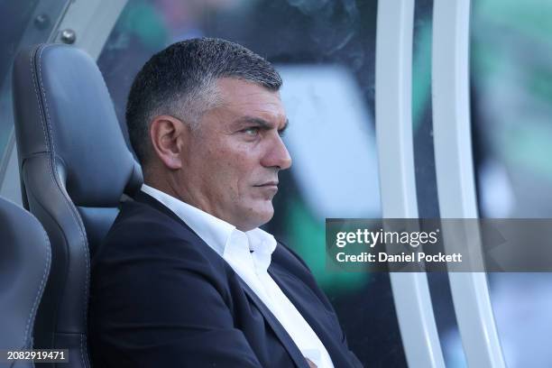 Western United head coach John Aloisi looks on during the A-League Men round 21 match between Western United and Melbourne Victory at AAMI Park, on...