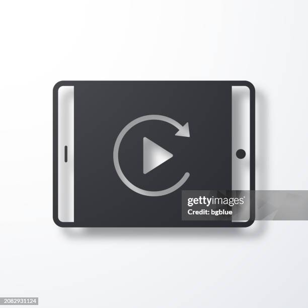 replay on tablet pc. icon with shadow on white background - using ipad white background stock illustrations
