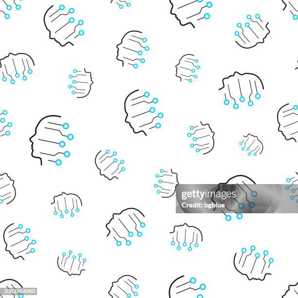 human face and circuit board. seamless pattern. line icons on white background - portrait plain background stock illustrations