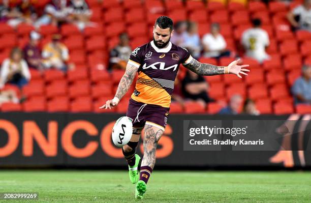 Adam Reynolds of the Broncos kicks the ball during the warm up before the round two NRL match between the Brisbane Broncos and South Sydney Rabbitohs...