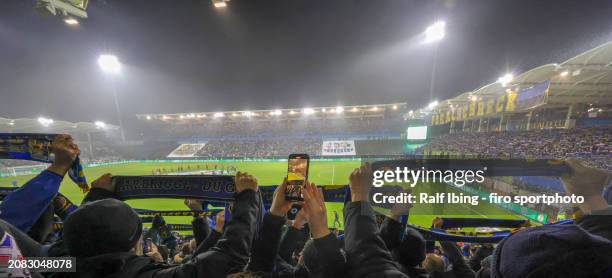 Fans of 1. FC Saarbrücken ahead of the DFB cup quarterfinal match between 1. FC Saarbrücken and Borussia Mönchengladbach at Ludwigsparkstadion on...