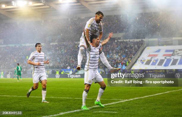 Amine Naifi of 1. FC Saarbrücken celebrates after scoring his teams first goal during the DFB cup quarterfinal match between 1. FC Saarbrücken and...