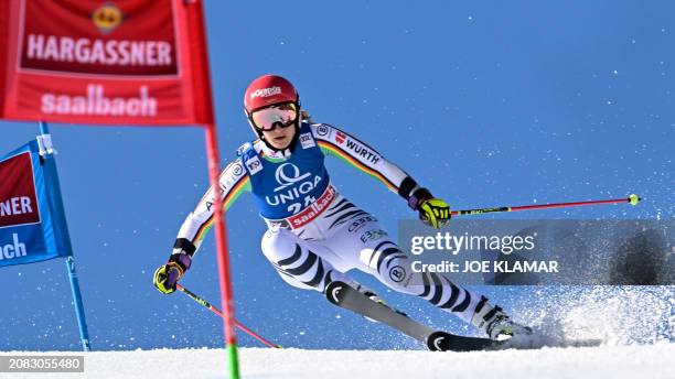 Germany's Lena Duerr competes in the women's Giant Slalom event of FIS Ski Alpine World Cup in Saalbach, Austria on March 17, 2024.