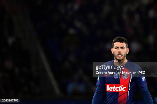 Lucas Hernandez of Paris Saint-Germain looks on during the French Cup quarterfinal match between Paris Saint-Germain and OGC Nice at Parc des Princes...