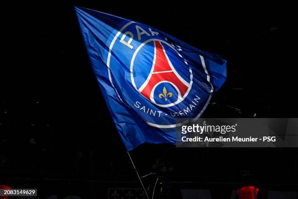 Paris Saint-Germain flag waved during the French Cup quarterfinal match between Paris Saint-Germain and OGC Nice at Parc des Princes on March 13,...