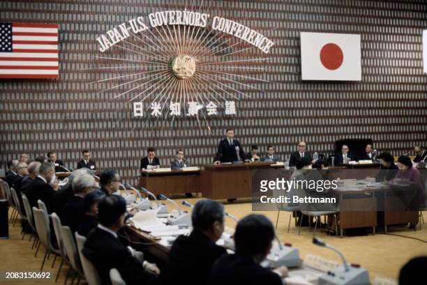 Governor John A Volpe of Massachusetts, leader of a delegation of eight US Governors, addresses the opening of the 7th Japan-US Governors' Conference...
