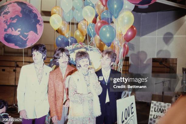 The Beatles rehearse for their appearance in the television show 'Our World' at the EMI Studios in St John's Wood, London, Jun 24th 1967. They are :...