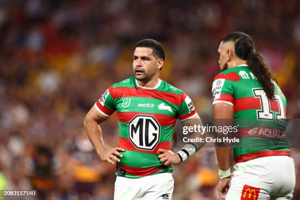 Cody Walker of the Rabbitohs looks on during the round two NRL match between Brisbane Broncos and South Sydney Rabbitohs at Suncorp Stadium, on March...