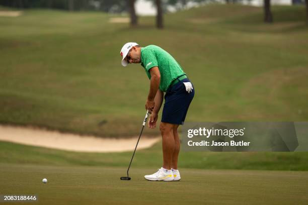 Sergio Garcia of Spain putts on hole 9 during the first round of International Series Macau at Macau Golf and Country Club on March 14, 2024 in...