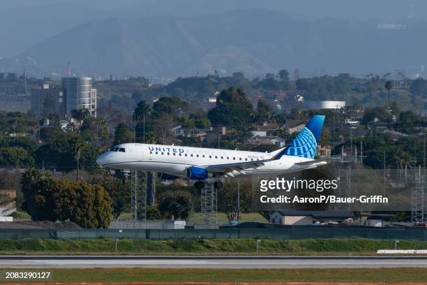 United Airlines Embraer ERJ-175LL arrives at Los Angeles International Airport on March 16, 2024 in Los Angeles, California.