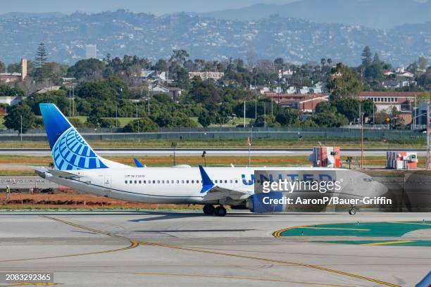 United Airlines Boeing 737 MAX 8 prepares for takeoff at Los Angeles International Airport on March 16, 2024 in Los Angeles, California.