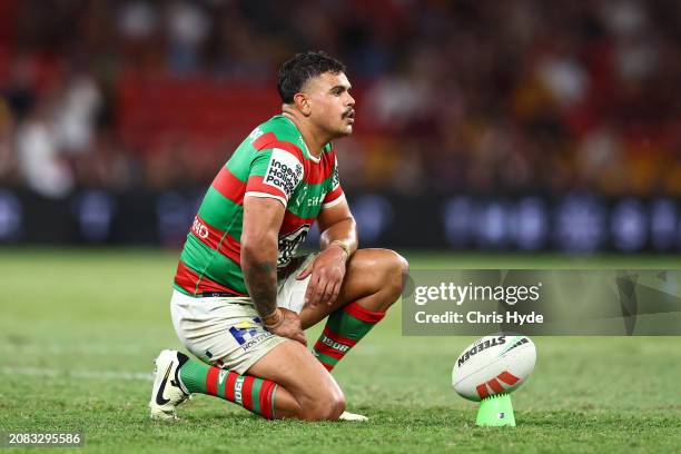 Latrell Mitchell of the Rabbitohs prepares to kick during the round two NRL match between Brisbane Broncos and South Sydney Rabbitohs at Suncorp...