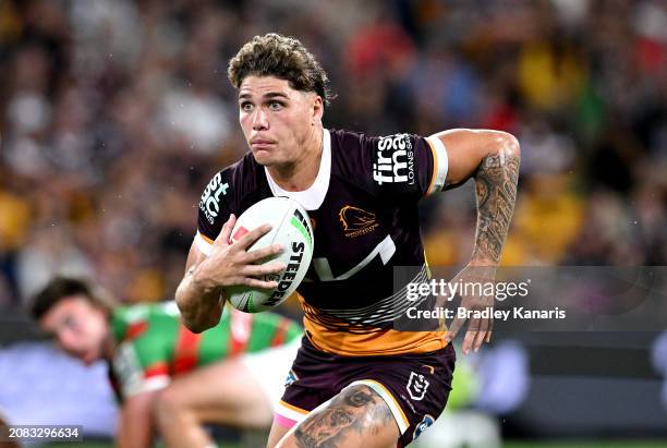 Reece Walsh of the Broncos in action during the round two NRL match between the Brisbane Broncos and South Sydney Rabbitohs at Suncorp Stadium, on...