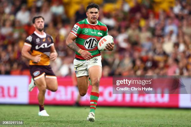 Latrell Mitchell of the Rabbitohs makes a break during the round two NRL match between Brisbane Broncos and South Sydney Rabbitohs at Suncorp...