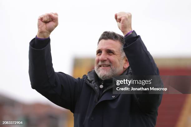 Sebastian De La Fuente Head Coach of ACF Fiorentina reacts as fans chant his name following the 3-1 victory to progress to the final after the...