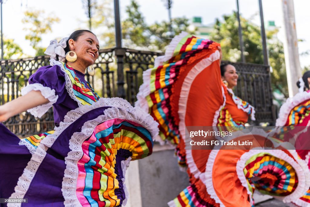Dancers dancing in traditional festival outdoors